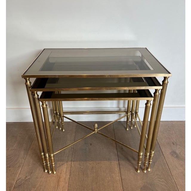 1940s Neoclassical style brass nesting tables. French work by Maison Jansen. For Sale - Image 11 of 12