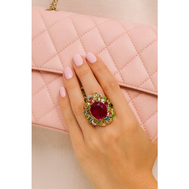 Gemstone Bochic “Capri” Vintage Ruby, Multi Sapphire & Diamond Ring Set In 18K Gold & Silver For Sale - Image 7 of 11
