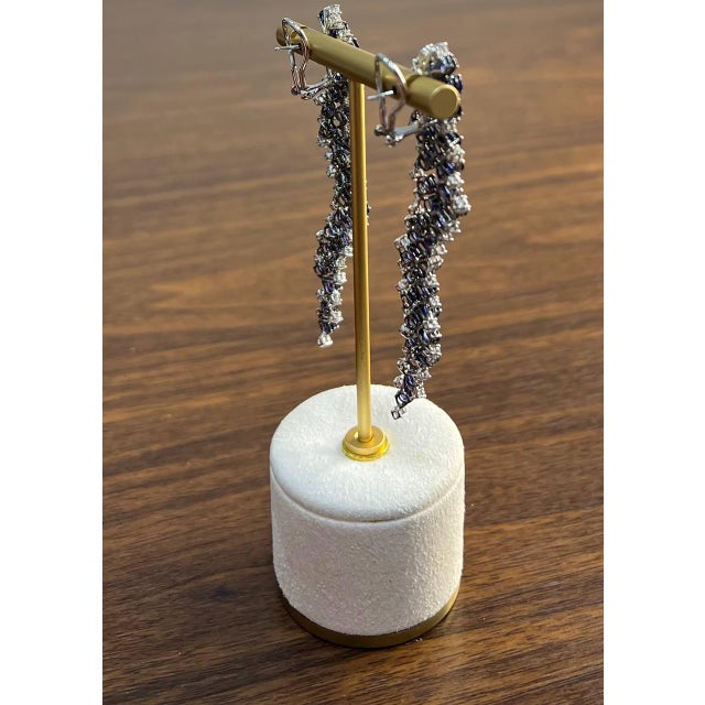 Blue Sapphire Cascade Wave Diamonds 18k White Gold Statement Fancy Earrings, A Pair For Sale - Image 12 of 12