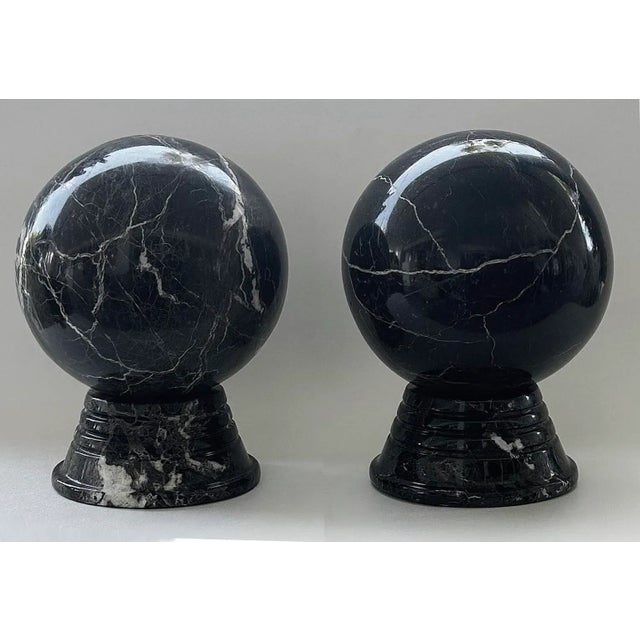 Late 20th Century Vintage Solid Marble Orbs Spheres Mounted on Bases- a Pair For Sale - Image 5 of 12