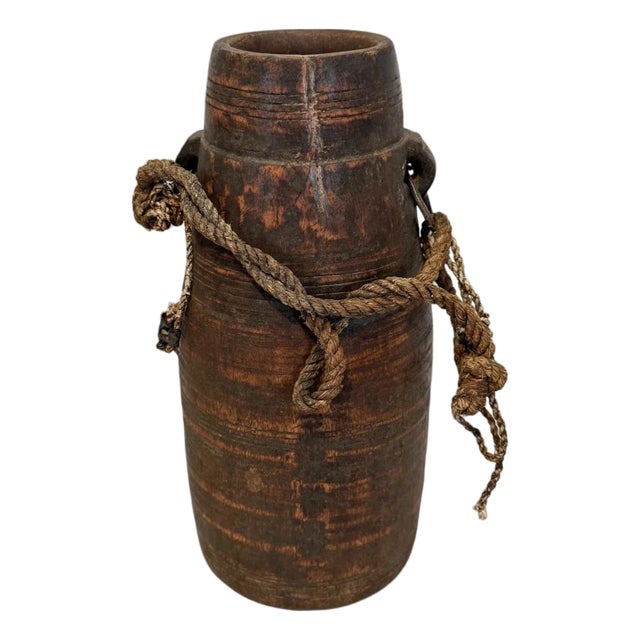 Vintage India Rustic Wood Water Pot For Sale