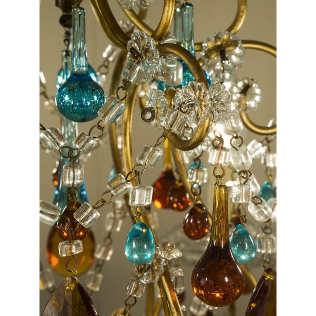 Vintage Florentine 6-Light Chandelier in Gilded Iron with Crystals and Murano Glass Pendants, 1950s For Sale - Image 12 of 14