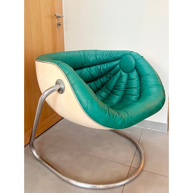 Space Age Armchair Green vinyl upholstery, fiberglass frame, aluminum base Italian design from the 1970s