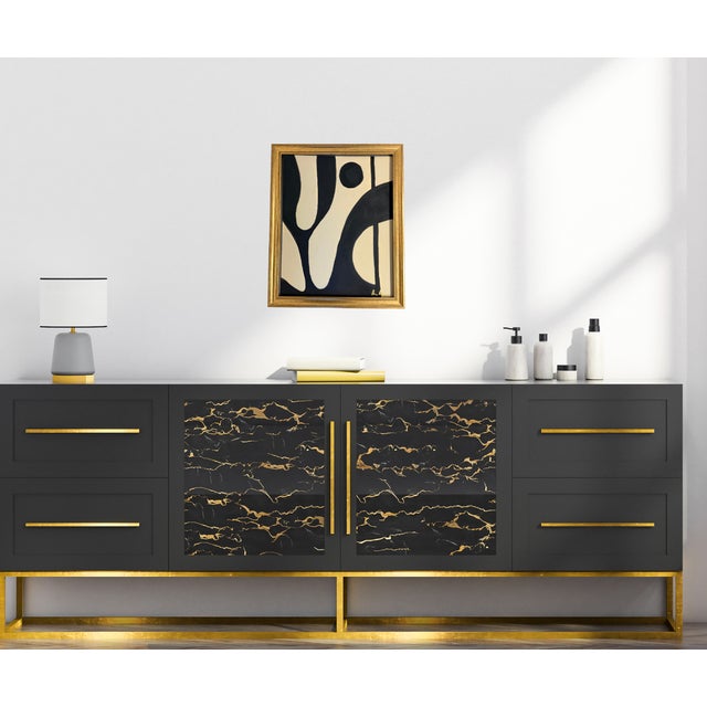 Bryan Boomershine, original abstract Mid-Century Inspired Painting in cream and black with a gold frame. This painting...