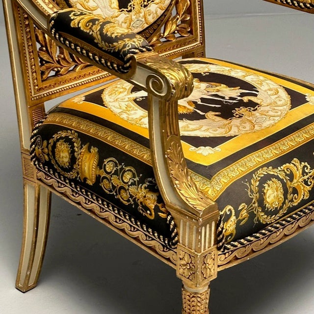 Ebony Louis Xvi, French Arm Chair, Versace Fabric, Giltwood, France, 1960s For Sale - Image 8 of 12