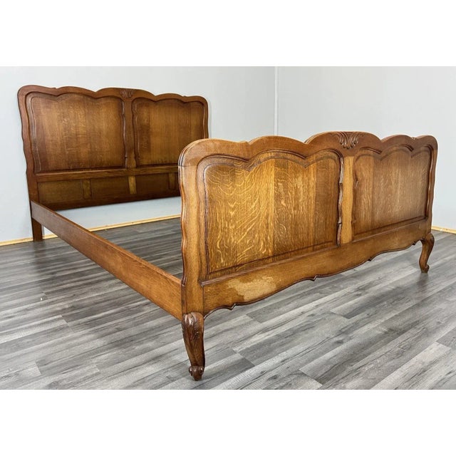 Vintage French Louis XVI Style Double Carved Bed in Oak For Sale - Image 3 of 11