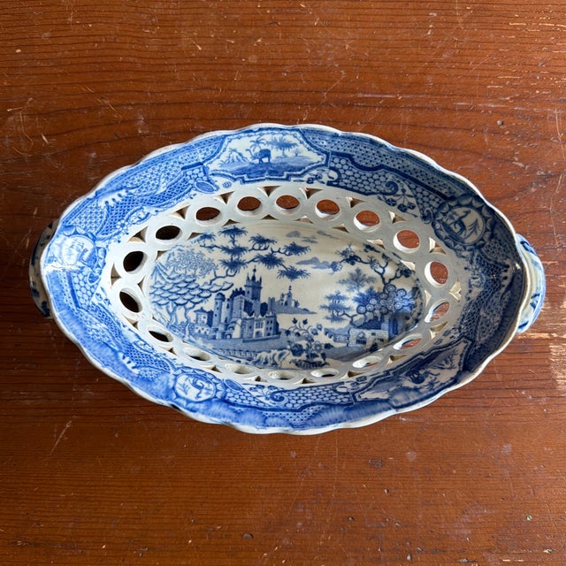 Antique Staffordshire Pearlware Blue Transfer "Gothic Castle" Chestnut Basket, Attributed to Spode, Circa 1820s A...