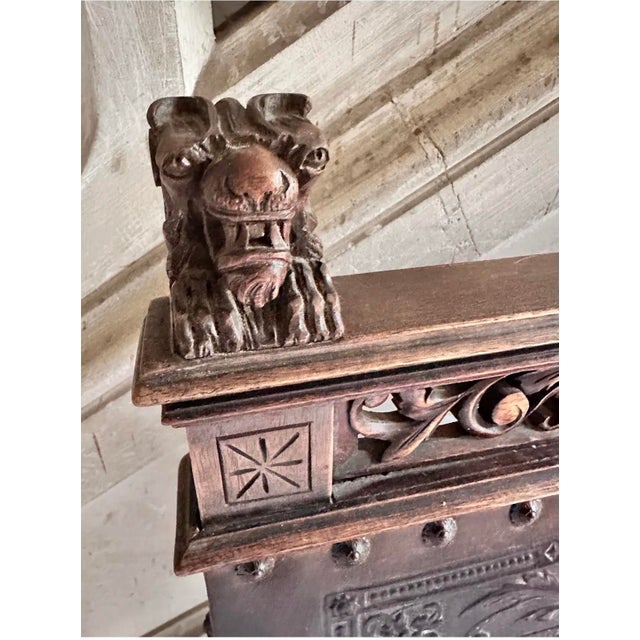 Antique French Henri I| Walnut & Leather Dining Chair, Lion Carvings, Loire Valley, 1880 For Sale In Miami - Image 6 of 9