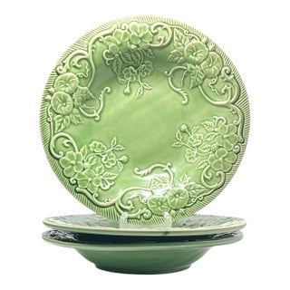 Bordallo Pinheiro “Flowers (Green)” Set of 3 Ceramic Rim Soup Bowls For Sale