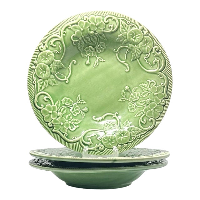 Bordallo Pinheiro “Flowers (Green)” Set of 3 Ceramic Rim Soup Bowls For Sale