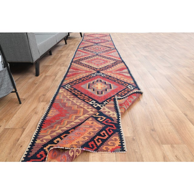 1970s Vintage Handmade Wool Cotton Red Runner Rug For Sale - Image 10 of 11