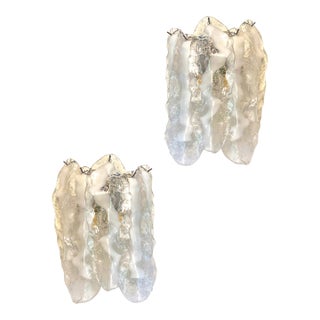 Set of Two Transparent and White “Fiamma” Murano Glass Wall Sconces For Sale