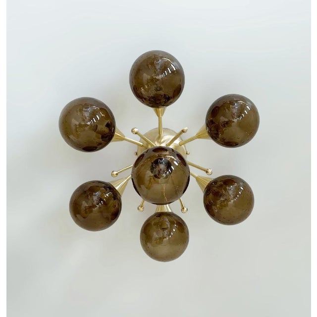 Italian flush mount with seven smoky bubbles Murano glass globes carefully hand blown with bubbles inside the glass using...