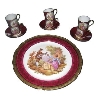 1960s French Limoges Plate With 6 Demitasses & Saucers - 13 pcs For Sale