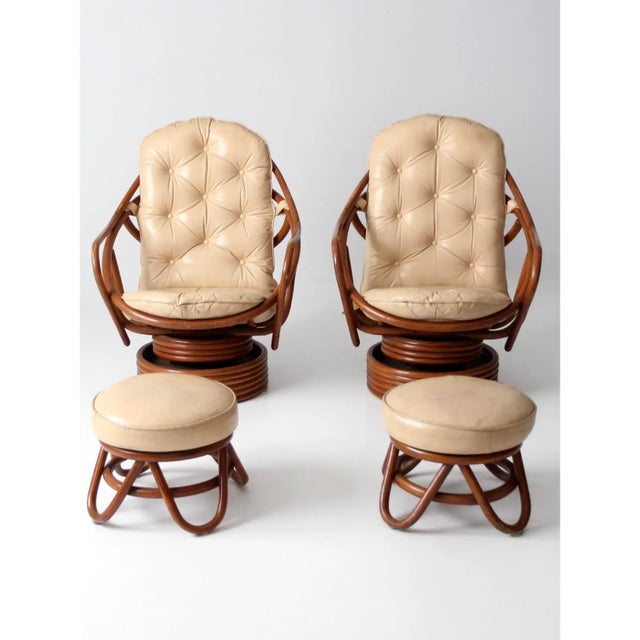 Mid-Century Rattan Swivel Chairs With Ottomans - 4 Pieces For Sale - Image 12 of 17