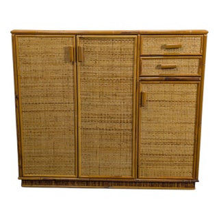 Wicker Cabinet with 3 Doors and 2 Drawers, 1970s For Sale