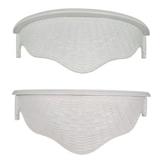 Vintage White Basket Weave LargePalm Beach Regency Style Wall Shelfs- A Pair For Sale