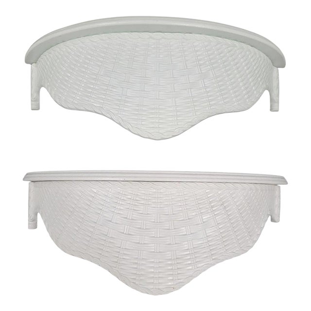 Vintage White Basket Weave LargePalm Beach Regency Style Wall Shelfs- A Pair For Sale
