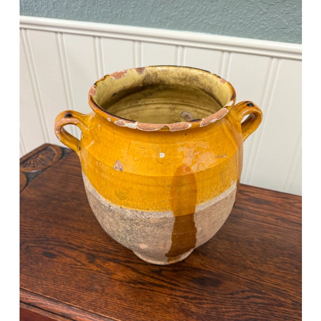 Antique French Country Confit Pot Pottery Jug Glazed Ochre Yellow Large For Sale - Image 16 of 16