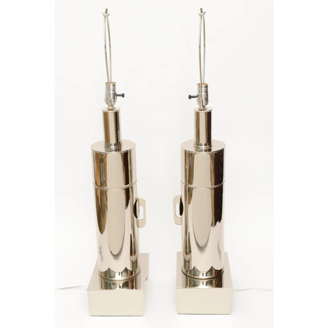 Mid-Century Modern Vintage James Mont Style Nickel Silver Lamps With Asian Medallions Pair of 60's Restored For Sale - Image 3 of 10