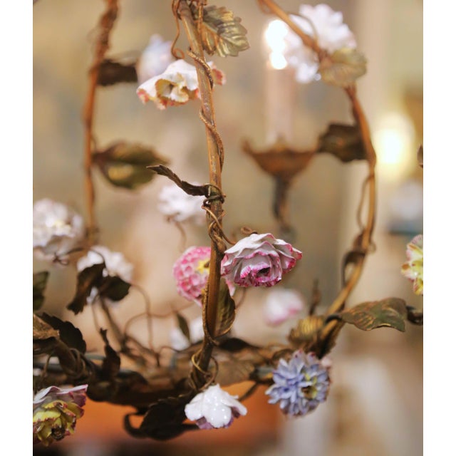 Early 20th C. French Four-Light Floral Tole Chandelier With Porcelain Flowers For Sale - Image 4 of 10