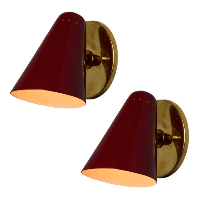 1960s Stilnovo Perforated Red Metal and Brass Articulating Sconces - a Pair For Sale