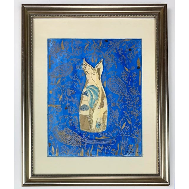 Watercolor, ink, gold pen and collage of a blue dress. Inspired by birds and floral motif.