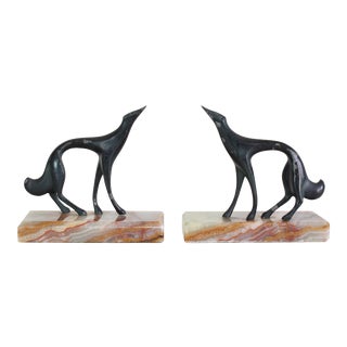 Vintage Pair of Greyhound Bookend on Marble Bases For Sale