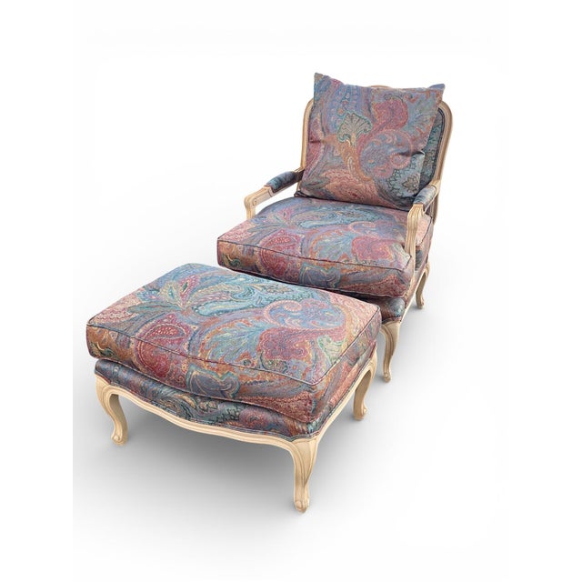 Custom Upholstered Paisley French Country Bergere Chair and Ottoman by Beverley Interiors "Stewart Collection" For Sale - Image 9 of 13