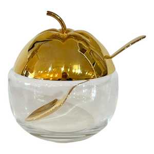 Vintage French Mid Century Brass and Glass Apple Shape Jam Jar With Spoon
