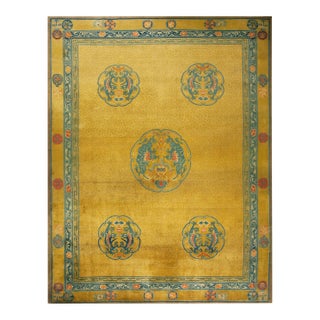 1920s Yellow Gold Dragon Antique Chinese Rug 12' X 15'6"handknotted Wool Carpet For Sale