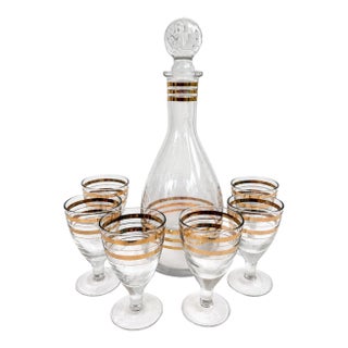 Vintage Mid-Century Modern Handmade Ussr Crystal Decanter & Six Cordial Glasses Set With Gold Bands, Barware - 7 pcs For Sale