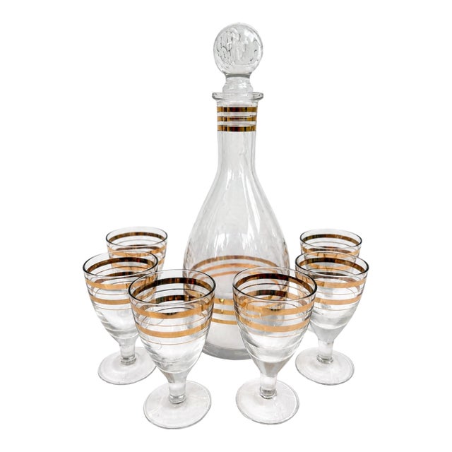 Vintage Mid-Century Modern Handmade Ussr Crystal Decanter & Six Cordial Glasses Set With Gold Bands, Barware - 7 pcs For Sale