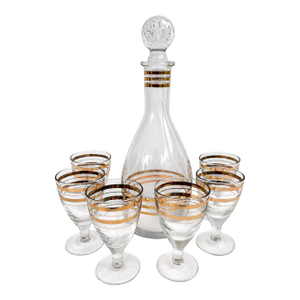 Vintage Mid-Century Modern Handmade Ussr Crystal Decanter & Six Cordial Glasses Set With Gold Bands, Barware - 7 pcs