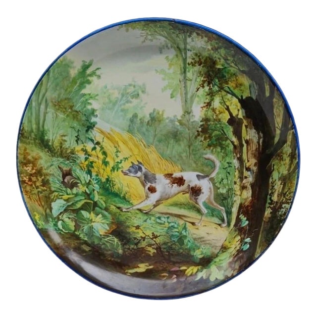 19th Century French Faience Hunting Dog Platter Creil & Montereau For Sale