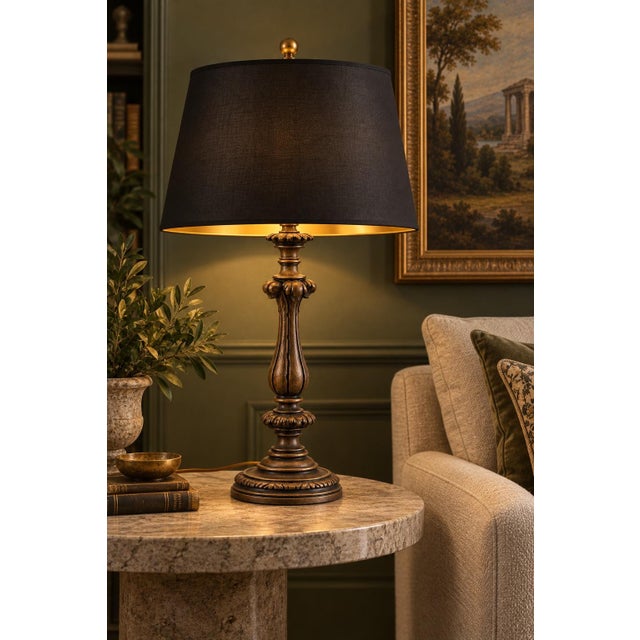 Vintage Neoclassical Acanthus Table Lamp With Black and Gold-Lined Shade For Sale - Image 4 of 8