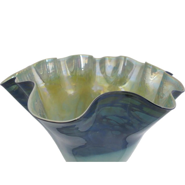 Tim Chilina Oregon Hand Blown Mottled Blue Green Ruffled Studio Art Glass Vase For Sale - Image 9 of 11
