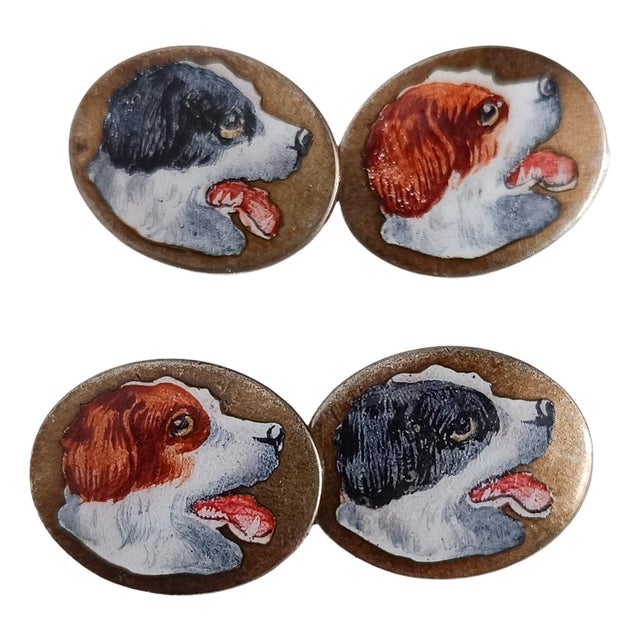 Art Deco Silver Cufflinks Enameled with Hunting Dogs, 1930s, Set of 2 For Sale