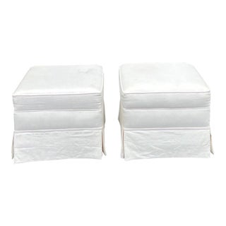 Pair of Oversized Square White Cotton Ottomans For Sale