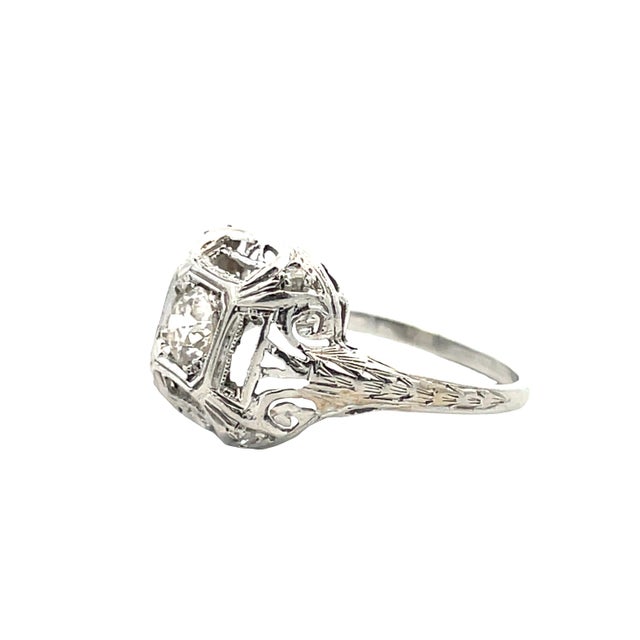 Art Deco Mid 20th Century Platinum Art Deco Old European Cut Diamond Filigree Ring, Size 6.25 For Sale - Image 3 of 10