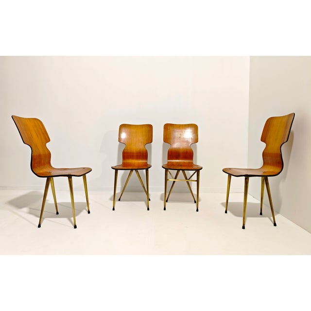Curved Wooden Chairs with Brass Legs, 1970, Set of 4 For Sale - Image 14 of 18