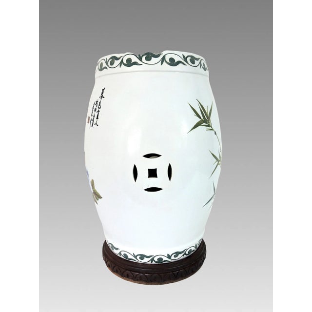 Vintage Chinese White Porcelain Garden (Drum) Stool With Green Bamboo, Pink & Blue Flowers, Side Table on Custom Rosewood Wood Display Stand For Sale - Image 4 of 11