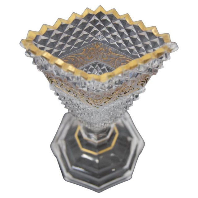 Made in Czechoslovakia Made of Crystal Glass,Cut Glass Decorated with Gold. Hand Made. There is a small chip in the upper...