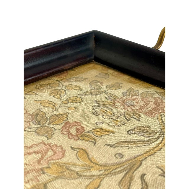 Antique English Glass Top Wood Tray With Brass Handles and Brocade Fabric For Sale - Image 12 of 16