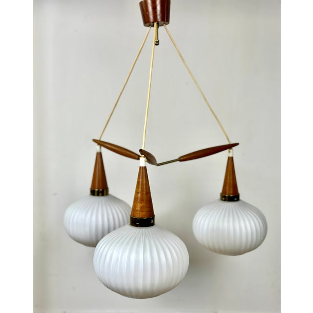 Metal Vintage Scandinavian Chandelier in Brass, Glass, and Teak from Louis Kalff, 1960s For Sale - Image 7 of 12