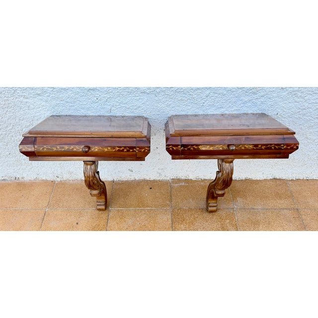 Brown Spanish Wall-Mounted Wood Nightstands with Floral Inlay, 1930, Set of 2 For Sale - Image 8 of 10