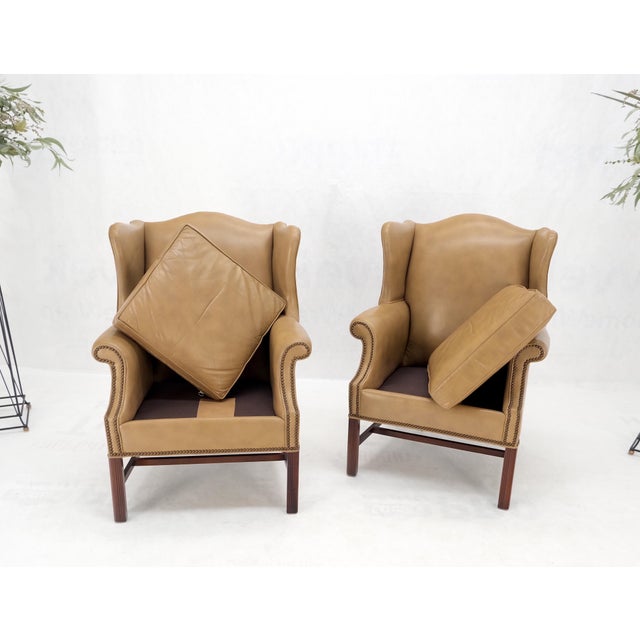 Metal Pair of Tall Tan Leather Wing Chairs on Solid Mahogany Stretcher Base Mint! For Sale - Image 7 of 17