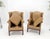 Metal Pair of Tall Tan Leather Wing Chairs on Solid Mahogany Stretcher Base Mint! For Sale - Image 7 of 17