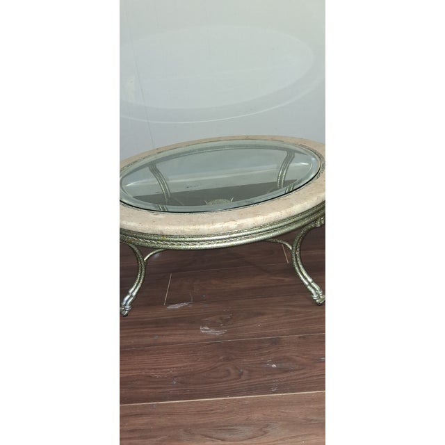 Maitland Smith Style Round Stone & Beveled Glass Coffee Table W/Burnished Silver Legs For Sale - Image 10 of 11