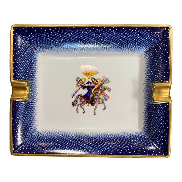 1980s Vintage Hermes Blue Porcelain Fan Ashtray For Sale
